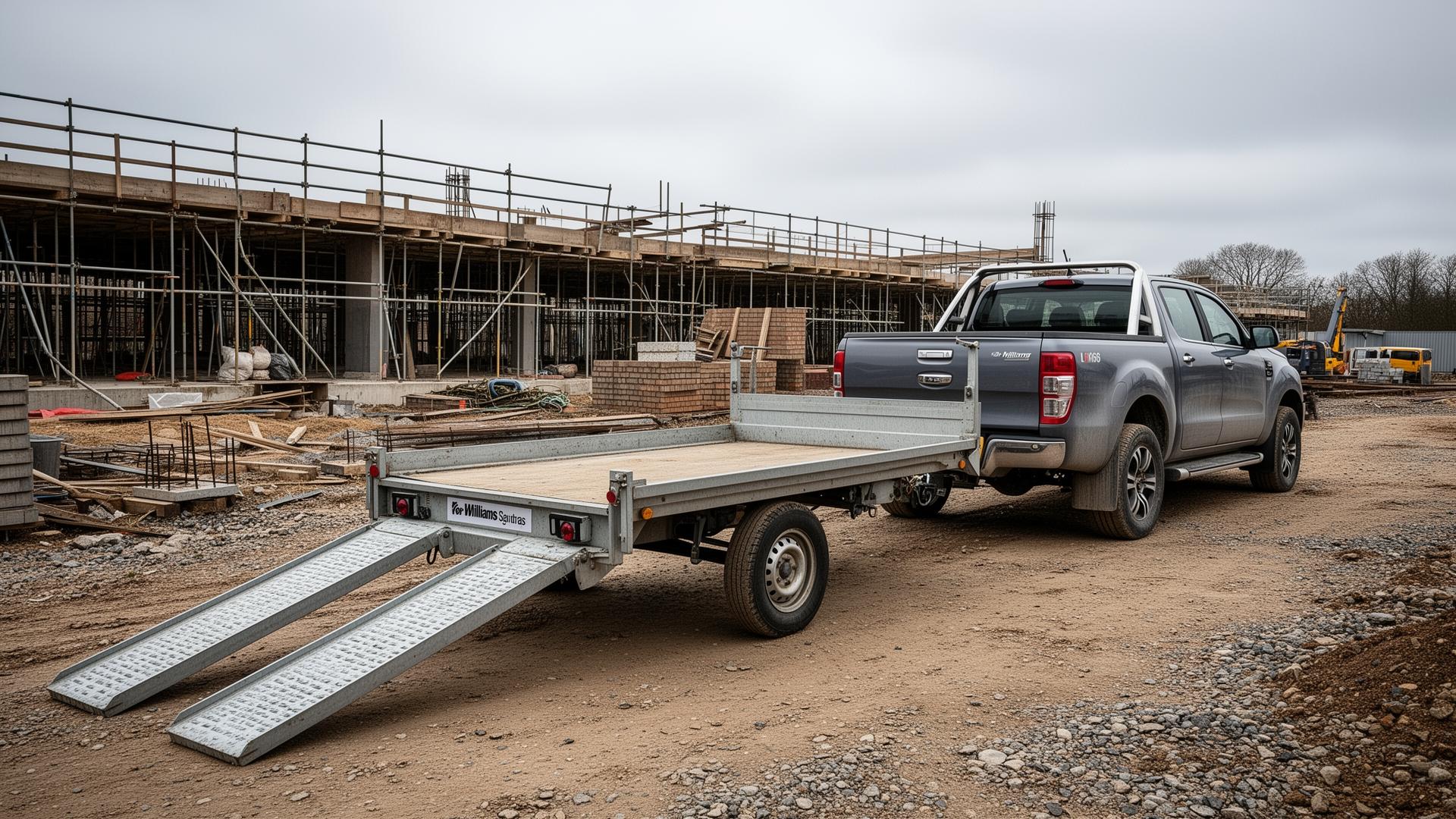 Ifor Williams LM166 trailer with loading ramps on a building site
